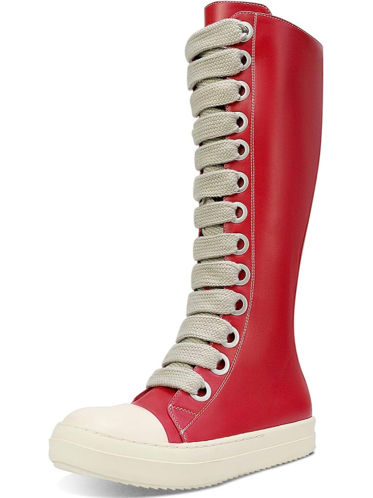 Women's Red Knee-High School Bicycling Boots Thick Laces Comfort